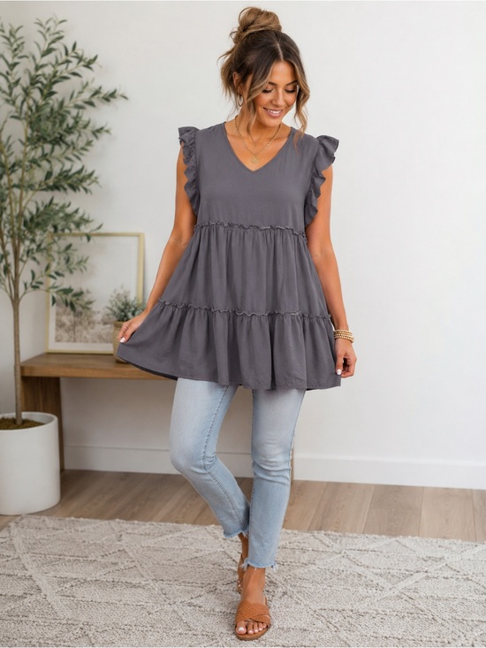Zenana Outfitters Tops - Zenana Gray Ruffle Sleeve Babydoll Tunic